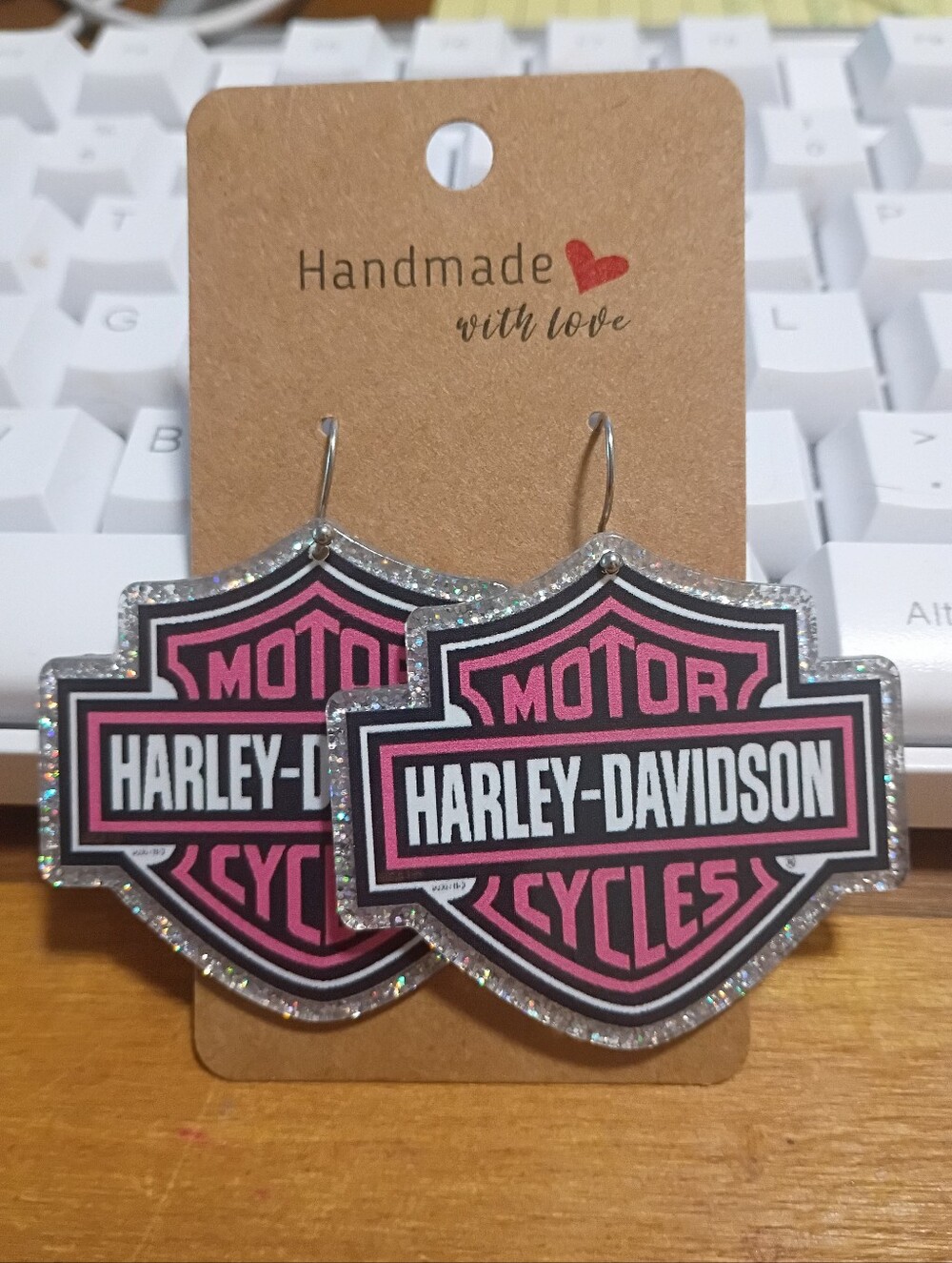 Harley-Davidson Pink and Black Shield Logo Earrings with Glitter Edge